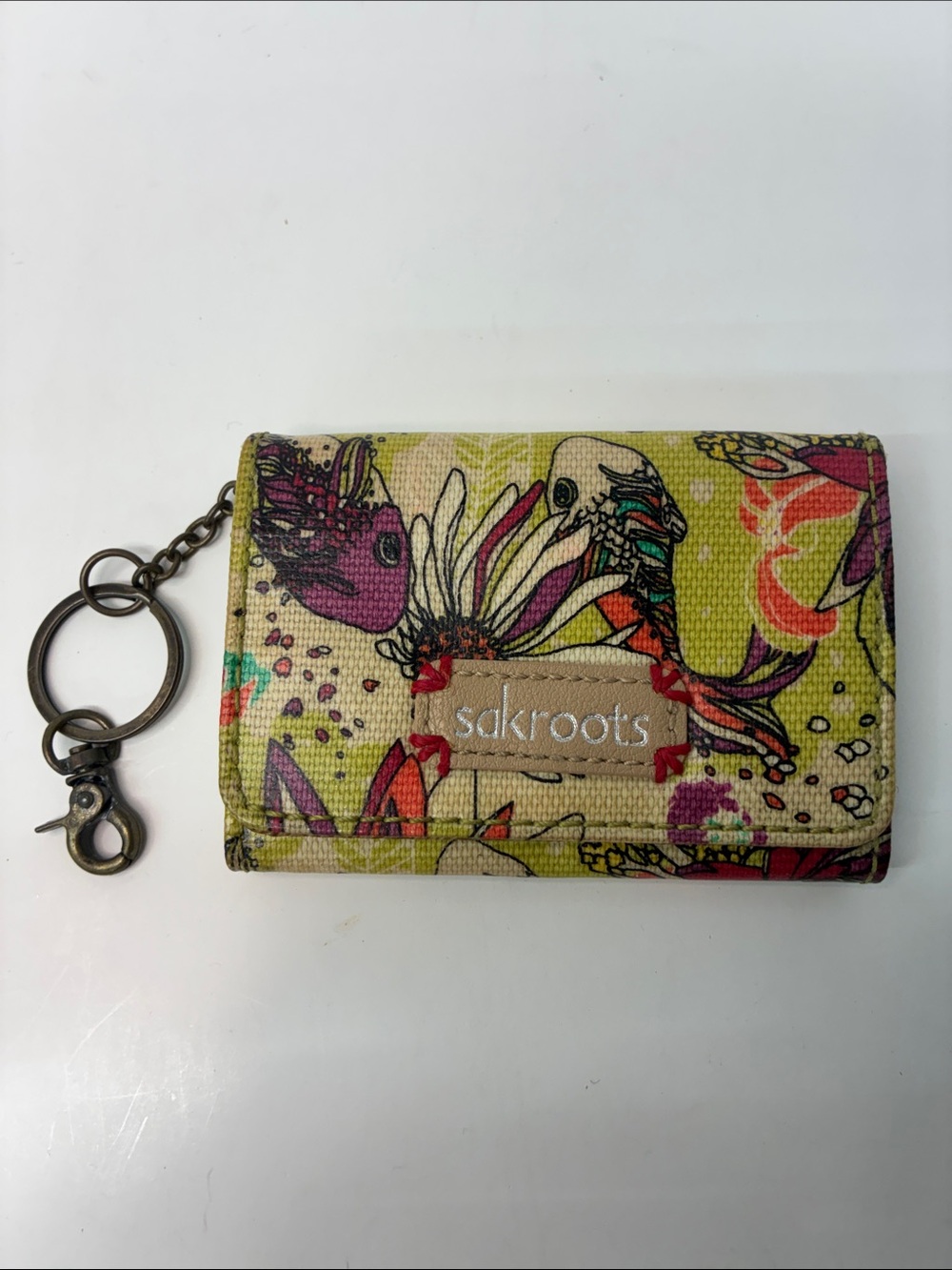 Sakroots Yellow Floral Key & Card Holder with Pink and Green Accents